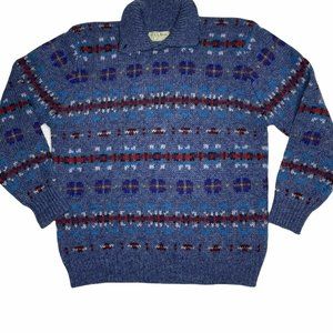 Vintage LL Bean Sweater Men's Large Shetland Wool Button Collar Neck Blue Print